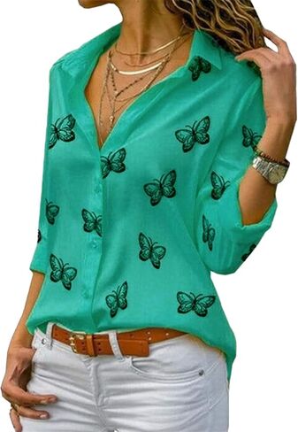BOFETA Women's Casual Button Up Chiffon Blouses Fashion Butterfly Lapel Blouses in Kuwait