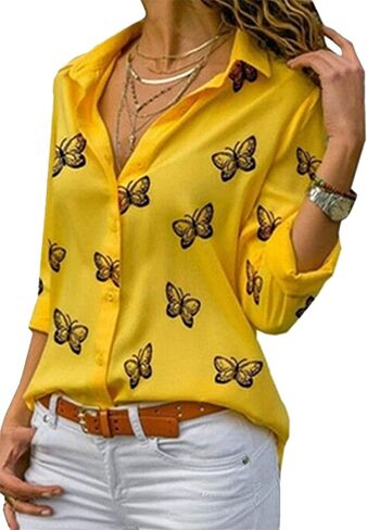 BOFETA Women's Casual Button Up Chiffon Blouses Fashion Butterfly Lapel Blouses in Kuwait