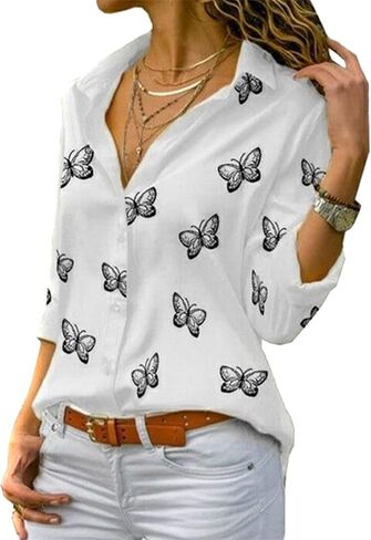 BOFETA Women's Casual Button Up Chiffon Blouses Fashion Butterfly Lapel Blouses in Kuwait