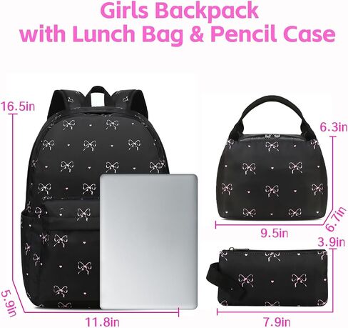 Waterproof Laptop Backpack for Girls Women, Water Resistant College School Backpack Casual Daypacks with Lunch Box Pencil Case (Bows-Black) in Saudi Arabia