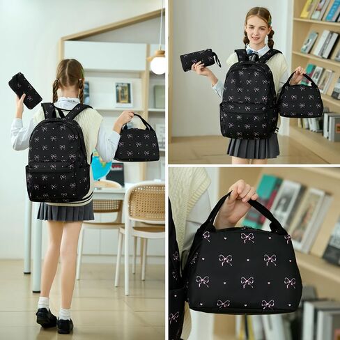 Waterproof Laptop Backpack for Girls Women, Water Resistant College School Backpack Casual Daypacks with Lunch Box Pencil Case (Bows-Black) in Saudi Arabia