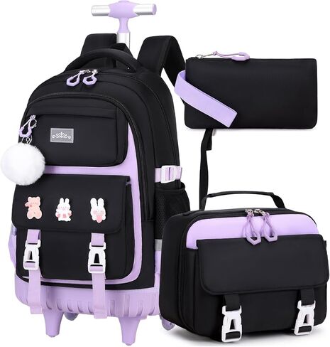 Rolling Backpack for Girls, Roller School Bag with Wheels, Wheeled Backpacks with Lunch Bag Pencil case for Elementary School Bookbags with Cute Pins Blue in Saudi Arabia