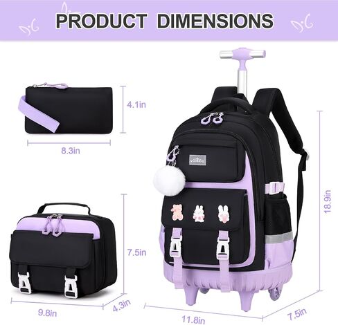Rolling Backpack for Girls, Roller School Bag with Wheels, Wheeled Backpacks with Lunch Bag Pencil case for Elementary School Bookbags with Cute Pins Blue in Saudi Arabia