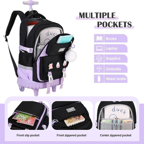 Rolling Backpack for Girls, Roller School Bag with Wheels, Wheeled Backpacks with Lunch Bag Pencil case for Elementary School Bookbags with Cute Pins Blue in Saudi Arabia