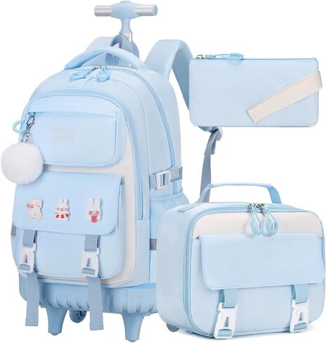 Rolling Backpack for Girls, Roller School Bag with Wheels, Wheeled Backpacks with Lunch Bag Pencil case for Elementary School Bookbags with Cute Pins Blue in Saudi Arabia