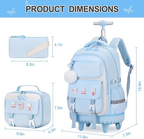 Rolling Backpack for Girls, Roller School Bag with Wheels, Wheeled Backpacks with Lunch Bag Pencil case for Elementary School Bookbags with Cute Pins Blue in Saudi Arabia