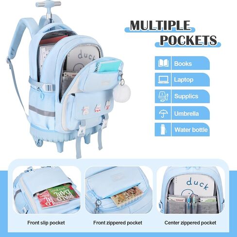 Rolling Backpack for Girls, Roller School Bag with Wheels, Wheeled Backpacks with Lunch Bag Pencil case for Elementary School Bookbags with Cute Pins Blue in Saudi Arabia