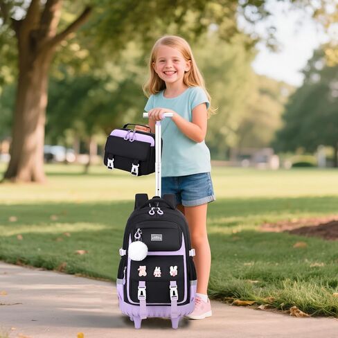 Rolling Backpack for Girls, Roller School Bag with Wheels, Wheeled Backpacks with Lunch Bag Pencil case for Elementary School Bookbags with Cute Pins Blue in Saudi Arabia
