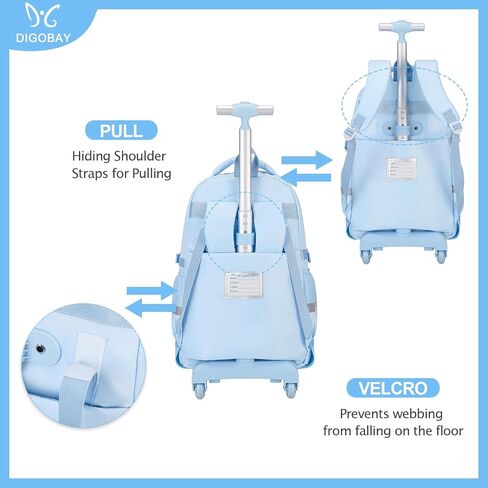 Rolling Backpack for Girls, Roller School Bag with Wheels, Wheeled Backpacks with Lunch Bag Pencil case for Elementary School Bookbags with Cute Pins Blue in Saudi Arabia