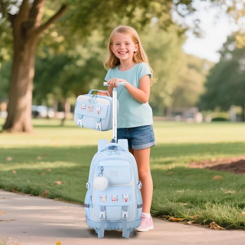 Rolling Backpack for Girls, Roller School Bag with Wheels, Wheeled Backpacks with Lunch Bag Pencil case for Elementary School Bookbags with Cute Pins Blue in Saudi Arabia