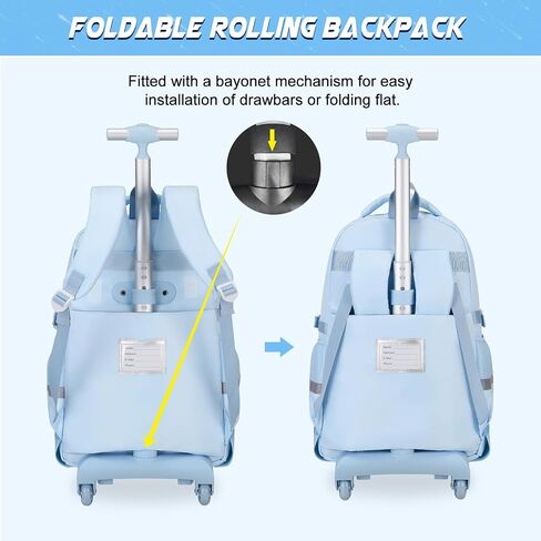 Rolling Backpack for Girls, Roller School Bag with Wheels, Wheeled Backpacks with Lunch Bag Pencil case for Elementary School Bookbags with Cute Pins Blue in Saudi Arabia
