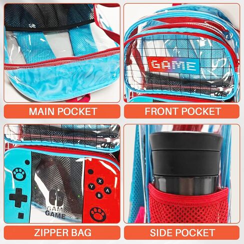 Kids Clear Backpack for Boys - Gamer Boys Clear Backpacks for School,Heavy Duty PVC Transparent Bookbag with Multiple Pockets - Large Capacity See Through Bookbag for Stadium Events in Kuwait