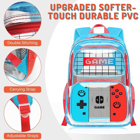 Kids Clear Backpack for Boys - Gamer Boys Clear Backpacks for School,Heavy Duty PVC Transparent Bookbag with Multiple Pockets - Large Capacity See Through Bookbag for Stadium Events in Kuwait