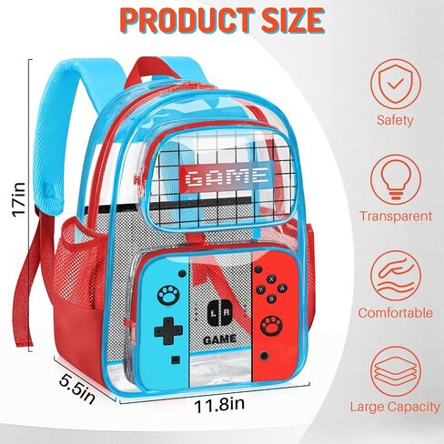 Kids Clear Backpack for Boys - Gamer Boys Clear Backpacks for School,Heavy Duty PVC Transparent Bookbag with Multiple Pockets - Large Capacity See Through Bookbag for Stadium Events in Kuwait