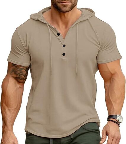 Men's Casual Short Sleeve Hoodie Pullover with Buttons and Drawstring Soft Muscle Fit Athletic Workout Top in Kuwait