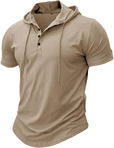 Men's Casual Short Sleeve Hoodie Pullover with Buttons and Drawstring Soft Muscle Fit Athletic Workout Top in Kuwait