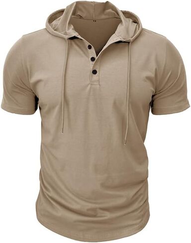 Men's Casual Short Sleeve Hoodie Pullover with Buttons and Drawstring Soft Muscle Fit Athletic Workout Top in Kuwait