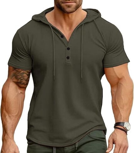 Men's Casual Short Sleeve Hoodie Pullover with Buttons and Drawstring Soft Muscle Fit Athletic Workout Top in Kuwait