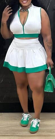 Tennis Outfit Skirt Sets Women 2 Piece Outfits Zipper V Neck Crop Tops and Pleated Skirt Set Summer Tracksuits in Kuwait