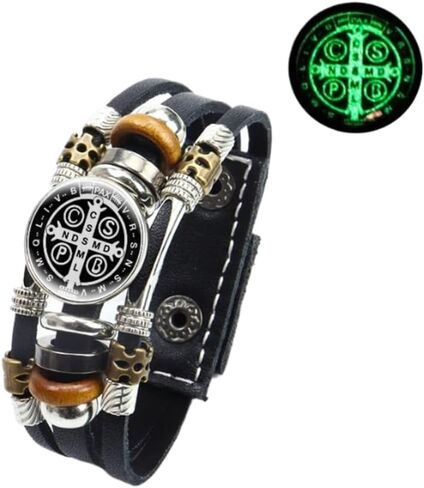 925 سوار San Benito Silver Sterling للرجال - أساور St Benedict المضيئة الجلود الكاثوليكية San Benito Snap Button Butting Multilayer Wristband ، Rosario de San Benito ، Pulseras de San Benito in Saudi Arabia