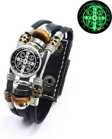 925 سوار San Benito Silver Sterling للرجال - أساور St Benedict المضيئة الجلود الكاثوليكية San Benito Snap Button Butting Multilayer Wristband ، Rosario de San Benito ، Pulseras de San Benito in Saudi Arabia