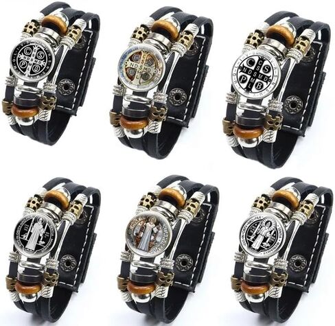 925 سوار San Benito Silver Sterling للرجال - أساور St Benedict المضيئة الجلود الكاثوليكية San Benito Snap Button Butting Multilayer Wristband ، Rosario de San Benito ، Pulseras de San Benito in Saudi Arabia