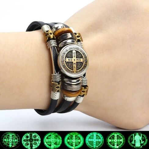 925 سوار San Benito Silver Sterling للرجال - أساور St Benedict المضيئة الجلود الكاثوليكية San Benito Snap Button Butting Multilayer Wristband ، Rosario de San Benito ، Pulseras de San Benito in Saudi Arabia