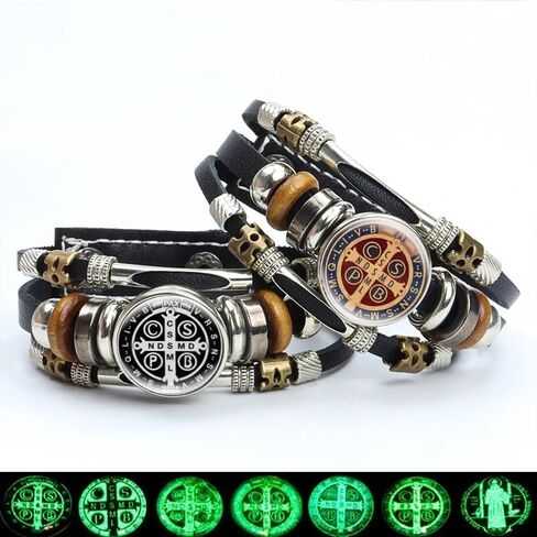 925 سوار San Benito Silver Sterling للرجال - أساور St Benedict المضيئة الجلود الكاثوليكية San Benito Snap Button Butting Multilayer Wristband ، Rosario de San Benito ، Pulseras de San Benito in Saudi Arabia