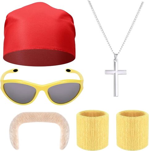 Honic 5 Pcs Halloween Wrestler Costume Kit Include Kerchief Moustache Bracers Glasses and Necklace for Men Wrestler Dress up in Kuwait