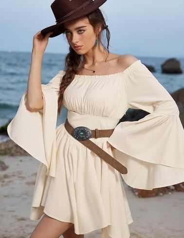 Scarlet Darkness Renaissance Costume Women Pirate Peasant Off Shoulder Bell Sleeve Fairy Dress in Saudi Arabia