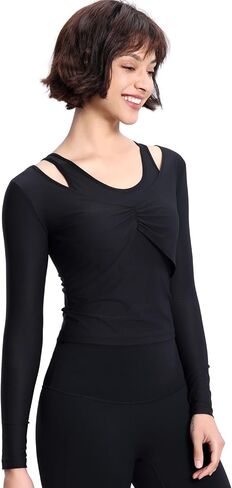 Harssidanzar Yoga Workout Tops for Women Mesh Gym Athletic Casual Clothing with Removable Bra Pads CL311US in Saudi Arabia