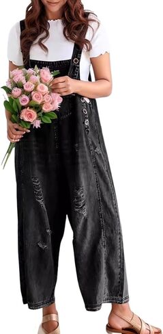 Gihuo Women's Distressed Denim Overalls Relaxed Fit Washed Wide Leg Adjustable Straps Overalls in Saudi Arabia