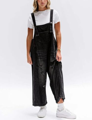 Gihuo Women's Distressed Denim Overalls Relaxed Fit Washed Wide Leg Adjustable Straps Overalls in Saudi Arabia