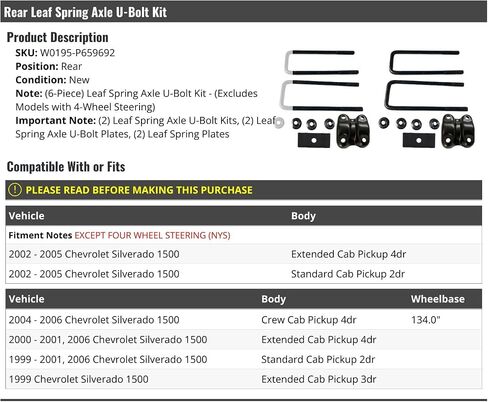 Rear Leaf Spring Axle U-Bolt and Plate Kit - Compatible with 1999-2006 Chevy Silverado 1500 (Excludes Models with 4-Wheel Steering) in Saudi Arabia