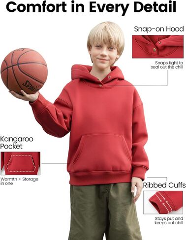 PATPAT Boys Thermal Hoodie – Far Infrared Heat-Retaining Fabric, Kangaroo Pocket Pullover Sweatshirt, Solid Color, Ages 6-12 in Saudi Arabia