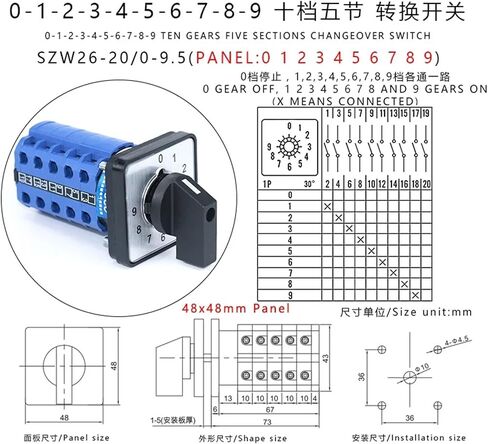 1Pcs SZW26/LW26-20/0-9.5 10 Positions 5 Phases Control Rotary Universal Changeover Cam Switch 64X64 48X48 Mm 0-9 Panel Mount 20A 660V(64X64mm Big Panel) in Saudi Arabia