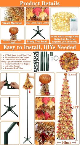 Timer & Pumpkin - 5 أقدام سقوط شجرة السقوط المضاءة ، السقوط منبثقة من أشجار القيقب بهرج مع 50 LED الأضواء الدافئة البطارية التي تعمل بالطيار الخريف السقوط حصاد الشرفة الشرفة الشرفة in Saudi Arabia