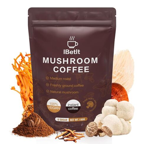 قهوة الفطر العضوي مع 6 عيش الغراب التكيف (Cordyceps ، Reish ، King Trumpet ، Shitake ، Turkey Tail ، Lions Mane)-الطاقة المحسنة ، التركيز والمناعة ، 30 حصة in Kuwait