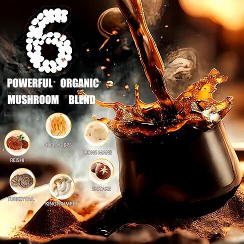 قهوة الفطر العضوي مع 6 عيش الغراب التكيف (Cordyceps ، Reish ، King Trumpet ، Shitake ، Turkey Tail ، Lions Mane)-الطاقة المحسنة ، التركيز والمناعة ، 30 حصة in Kuwait