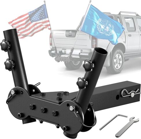 Adjustable Angle Double Hitch Mount Flagpole Holder | All Metal Durable , Fits Standard 2" Trailer Hitch, Compatible with Pickup, Truck, SUV, RV, Jeep, Camper Trailer (Double Flagpoles) in Saudi Arabia