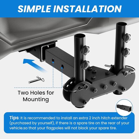 Adjustable Angle Double Hitch Mount Flagpole Holder | All Metal Durable , Fits Standard 2" Trailer Hitch, Compatible with Pickup, Truck, SUV, RV, Jeep, Camper Trailer (Double Flagpoles) in Saudi Arabia