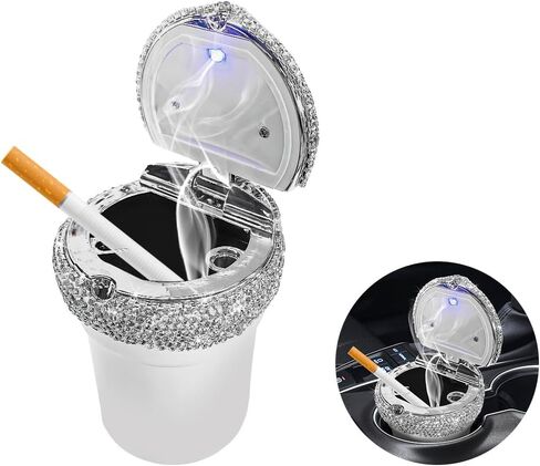 Car Ashtray with Lid, Bling Portable Ash Tray Cup Holder with LED Light Indicator, Sparkle Cigarette Smokeless Cylinder Ash Holder for Vehicle Home Office, Car Accessories (Black) in Saudi Arabia