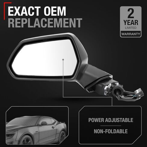 Driver Side Mirror Replacement - Compatible with 2016-2021 Chevrolet Camaro - Powered Adjustment, Non-Foldable, Flat Glass - Smooth Black, 18H3P - OEM 84788171, 23487737, 84639831, GM1320659 in Saudi Arabia