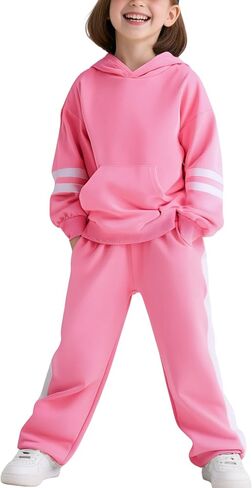 2025 Girls Sweatsuit Set Cute Hooded Sweatshirt & Jogger Pants with Pocket Casual Outfuts Set in Kuwait