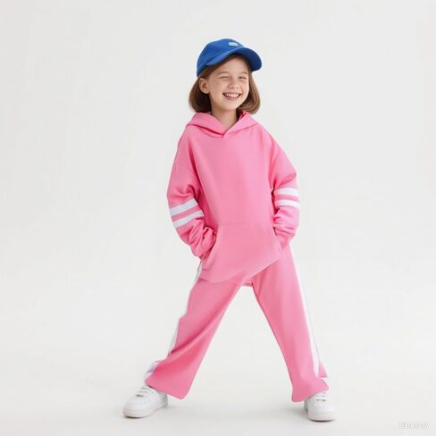 2025 Girls Sweatsuit Set Cute Hooded Sweatshirt & Jogger Pants with Pocket Casual Outfuts Set in Kuwait