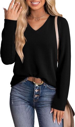 Dokotoo Womens Tops Fashion 2025 Raglan Long Sleeve Soft Jettnibed Solid Color V Deck T Shirts عرض قميص قمم فضفاضة غير رسمية in Saudi Arabia