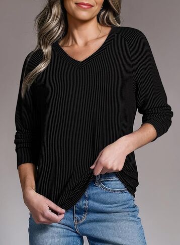 Dokotoo Womens Tops Fashion 2025 Raglan Long Sleeve Soft Jettnibed Solid Color V Deck T Shirts عرض قميص قمم فضفاضة غير رسمية in Saudi Arabia