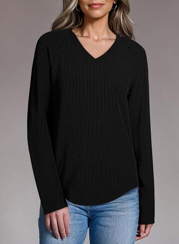 Dokotoo Womens Tops Fashion 2025 Raglan Long Sleeve Soft Jettnibed Solid Color V Deck T Shirts عرض قميص قمم فضفاضة غير رسمية in Saudi Arabia