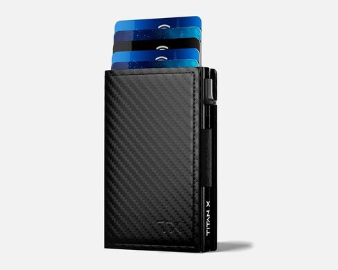 Titan X Trifold Edition Wallet متوافقة مع Airtag | الحد الأدنى من المعدن والجلد | للرجال ، الجيب الأمامي | RFID ، محفظة ضئيلة ، هدية محاصر (ألياف الكربون) in Kuwait