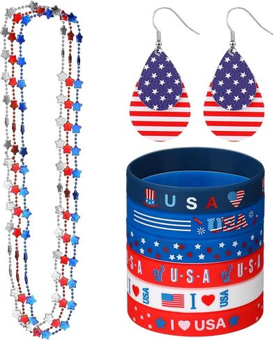 Remuuly 10 Pcs 4th of July Accessories for Women Patriotic Costume Accessories Set Red White and Blue USA American Flag Earrings Necklaces Bracelets for Independence Day Memorial Day Parades Party in Saudi Arabia